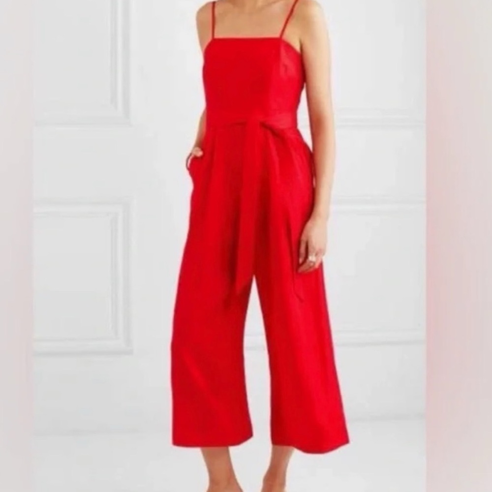 J.Crew Tie-Waist 100% Linen Jumpsuit Wide Leg Women’s Size 10 Bright Cerise Red